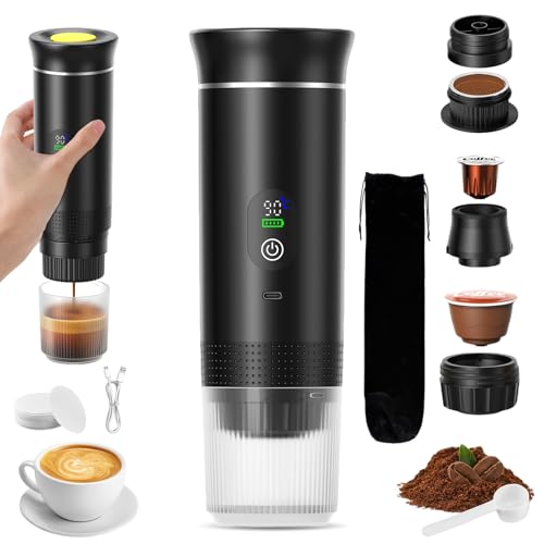 VHV Cafetière Portable 3 en 1,Rechargeable Cafetière Portable de Voyage,12V Expresso Machine a Cafe pour Capsule,Café Moulu,pour Camping,Bureau,Voyage,...