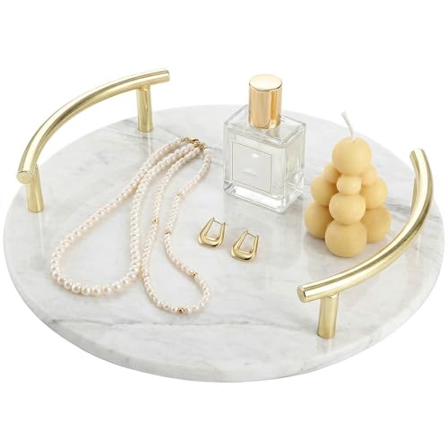 TOPZEA 10 Inch Marble Tray with Gold Handles, Round Vanity Organizer for Perfume, Jewelry, Trinket, Spa Supplies, Bathroom Countertop, Dresser Nightstand Display Tray Decor