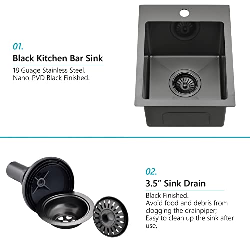 13 Black Drop In Kitchen Bar Sink, Zdhht 13 X 15 Inches 304 Stainless Steel Topmount Single Bowl Small Kitchen Bar Sink Laundry Sink Outdoor Sink Rv Sink #TOP4