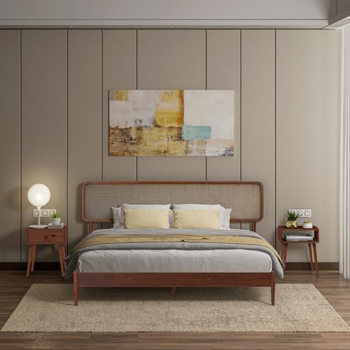 Image of NTC Lupin Wooden Bed Frame with Headboard and Natural Rattan, Solid Oak /Rubber Wood Foundation with Silent Slats, 1000 Lb Capacity, Effortless Assembly (Natural Cane - Dark Walnut, King)