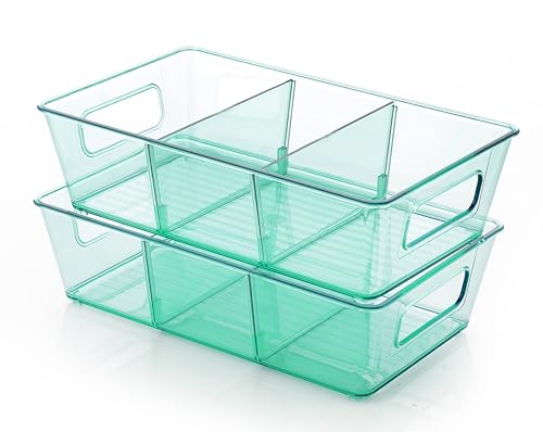 Image of Xiran Fridge Storage Boxes Organizer Bins, 3 Partition Stackable Fridge Storage Basket, Plastic Freezer Storage Containers for Fish, Meat, Vegetables, Fruits (Pack of 2, Green)