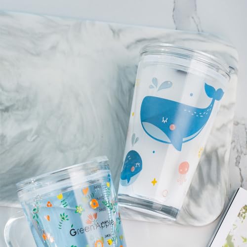 Image of Glass Coffe Mug with Lid and Straw, Glass Reusable Sipper Bottle with Leather Sleeve Glasss Coffee Mug with Silicone Straw and Leakproof Lid Tumbler for Coffee (Cartoon Mug)