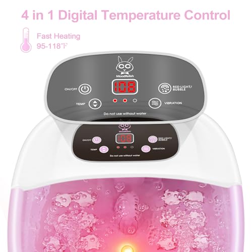 Foot Spa Bath Massager with Heat Bubbles and Vibration Massage and Jets, 16 OZ Calming Lavender Foot Soak Epsom Salt, Foot Soaker with Red Light, 22 Massage Rollers, Adjustable Temp - Pink
