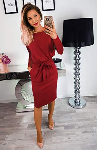 PRETTYGARDEN Women's 2020 Casual Long Sleeve Party Bodycon Sheath Belted Dress with Pockets (Y-Wine Red, Large)