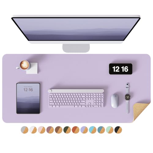 YSAGi Double-Sided Desk Pad, 31.5"x15.7"Leather Desk Mat, Eco Cork Desk Pad Protector,Large Mouse Pad,Waterproof Desk Blotter for Office/Home(Light Purple)