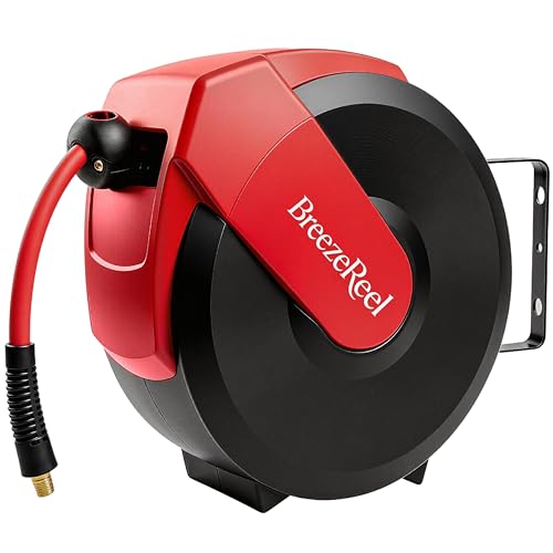 BreezeReel Retractable Air Hose Reel 50ft x 3/8 Hybrid Air Hose Max 300PSI Air Compressor Hose Reel Auto Rewind & 180 Swivel - Wall/Ceiling Mount for Workshops