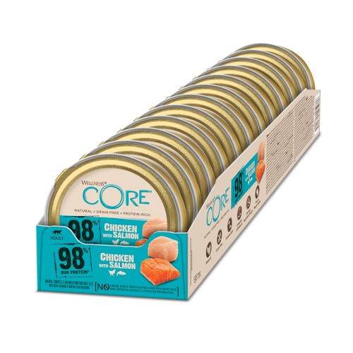 Wellness CORE 98% 12 x 85g, Poulet/Saumon – Pâtée pour Chats Adultes, sans Céréales, Naturelles, Hypoallergénique, Riche en protéines, À Haute Teneur en Viande,