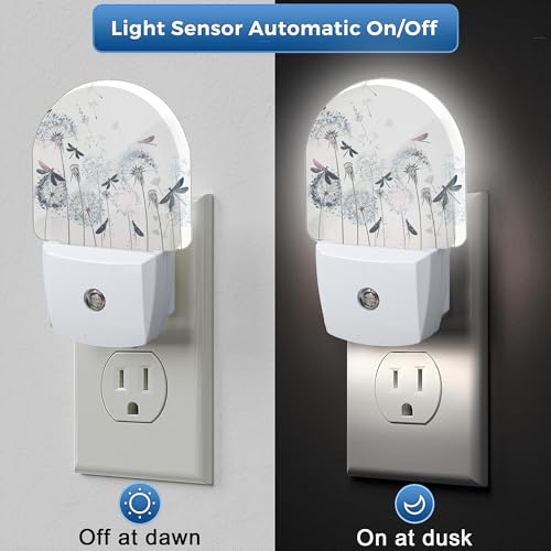 Image of Night Light,Retro Dandelions Dragonflies Night Lights Plug Into Wall Dusk to Dawn Sensor for Bedroom Bathroom and Living Room for Women /Girls Gift