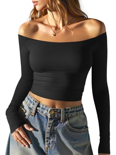 OQQ Women Tops Off The Shoulder Long Sleeve Tunics Casual Shirts