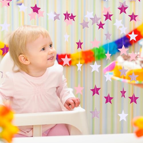 Image of Patelai Glitter Star Garland Banner 2026 Graduation Decor 130 Feet Star Hanging Banner Twinkle Backdrop for Party Birthday Classroom Wedding Supplies(Pink,Rose Red,White)