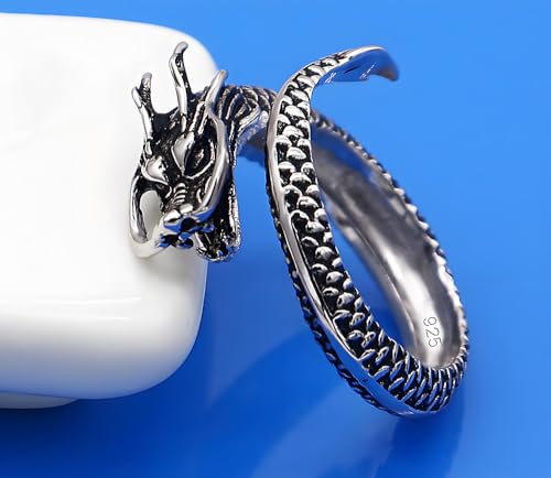Solid 925 Sterling Silver Two-Tone Blackened Dragon Ring, One Size Adjustable Open Ends Ring for Men4