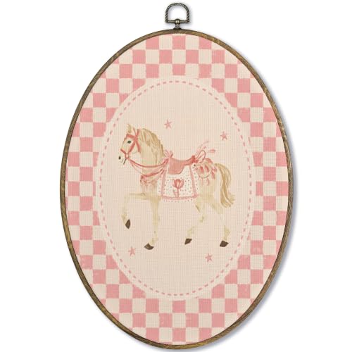 Fewgb Vintage Pink Horse Girls Nursery Oval Wall Art Decor, Whimsical Horse Canvas Wall Art Framed Prints for Baby Girls Toddler Kids Room Playroom Bedroom, Coquette Hanging Decor Picture Artwork 9x12