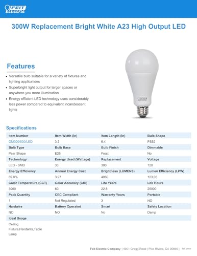 Feit Electric OM300/830/LED A23 Led Light Bulb, 300W Equivalent, Non-Dimmable, 4060 Lumens, E26 Standard Base, 3000K Soft White, High Output Led Bulb thumb #7