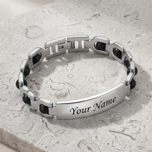 Image of Personalized Name Karungali Bracelet for Men & Women | Engraved Stainless Steel Adjustable Bracelet | Customized Gift for Husband, Wife, Boyfriend, Girlfriend, Friends & Family | Custom Name Jewelry Gift in Silver with Gift Box