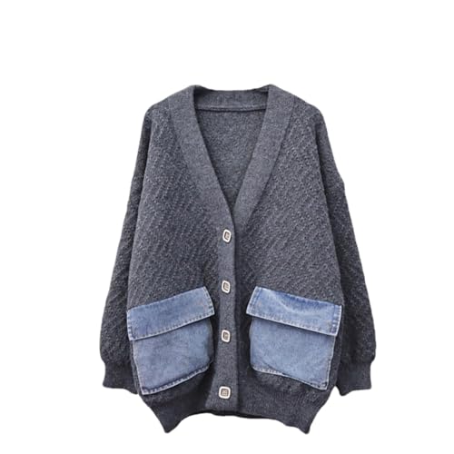 Women Denim Patchwork Knitted Cardigan Single-Breasted Contrast Color Sweater V-Neck