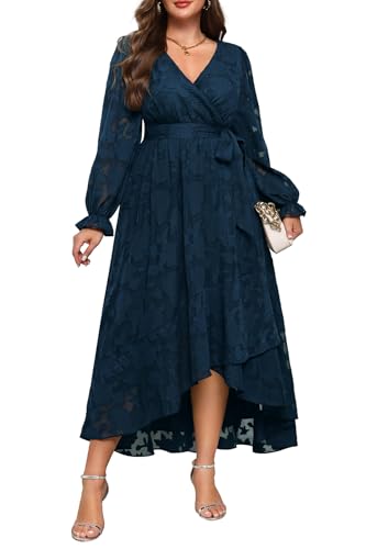 Navy Blue Dress Women Plus Size Wedding Guest Cocktail Fall Semi Formal Floral Long Sleeve Wrap High Low Maxi Dresses