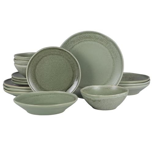 Image of Gibson Elite Island Cove 16 Piece (Service for 4) Plates and Bowls Reactive Glaze Organic Round Dishes Stoneware Ceramic Dinnerware Set -Green