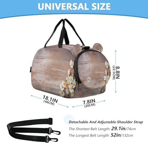 YETTASBIN Sport Travel Duffel Bag for Girls Boys, Daisy Flower Wood Large Waterproof Weekender Overnight Bag, Detachable Shoulder Strap Gym Bag with Shoe Compartment & Wet Pocket3