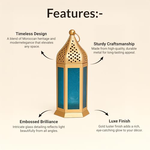 Image of MARKET 99 Metal+Glass Moroccan Lantern with Embosed Glass | for Diwali, Christmas, Birthday, and Wedding | Decorative Candle Holder for Home Decor-Golden & Blue | (Use LED T-Light only)