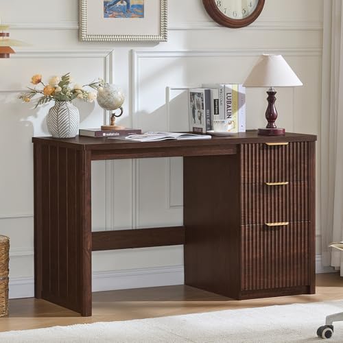 LEYAOYAO Office Desk 48' with 3 Drawers Storage File Cabinet Wood Fluted Desk for Computer Office Bedroom Home Furniture Walnut