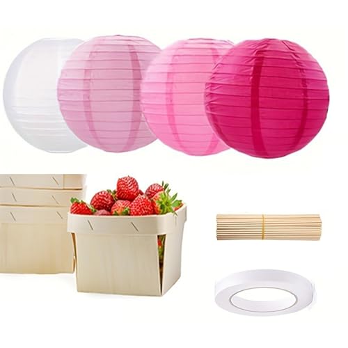 JIEBWCHA 4 Lampara Papel Redondos, Farolillos De Con Globo Aerostático, madera Faroles De Globo Aerostático, 4 Cestas De Madera, 1 Cinta De Doble Cara Y 16 Palitos De Madera