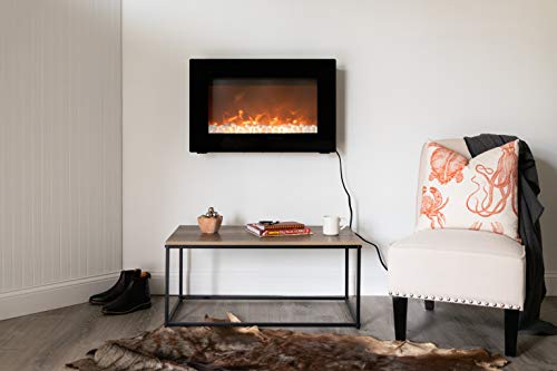 Fire Sense Black Wall Mounted Electric Fireplace with Remote Control | Log and Rock Inserts | Glowing Ember Bed | 1400W Multiple Setting | Soft Touch Control Panel | Internal Safety Shutoff Sensor | - Thumbnail 2