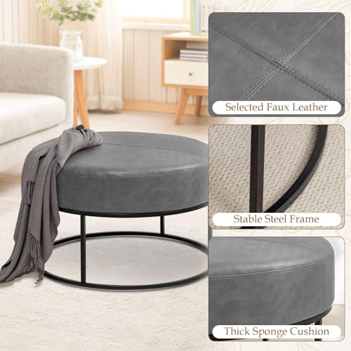 Image of BALLIAA Modern Round Coffee Table, Farmhouse Ottoman for Living Room, Large Vintage Faux Leather Coffee Tables with Leather Upholstered Padded Seat [Round, Vintage Gray, 30'']