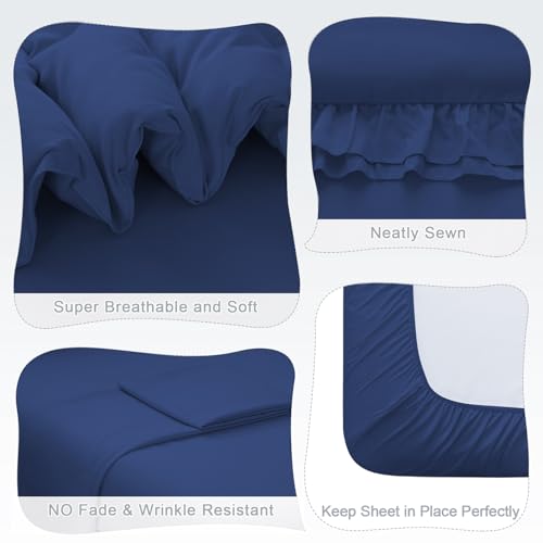 Image of Toddler Bedding Sets for Boys, 4 Piece Double Ruffles Soft and Breathable Toddler Comforter Set for Boys, Includes Quilted Comforter, Fitted Sheet, Flat Sheet and Pillowcase, Navy Blue