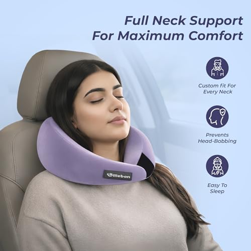 Image of Billebon Gel Infused Memory Foam Neck Pillow, Travel Pillow with Adjustable Velcro Straps, Neck Pillow for Travelling & Flight Travel, Ergonomic Support for Comfort & Pain Relief(Lavender Combo)