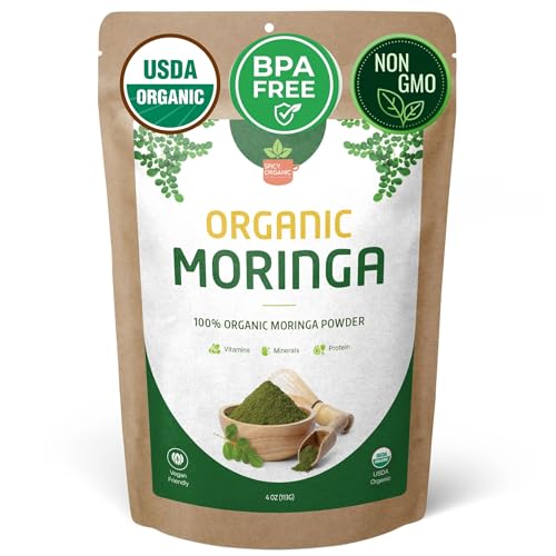 SPICY ORGANIC USDA Certified Organic Moringa Powder 4 oz | Moringa Leaf Powder Organic | Natural Energy Vegan Non-GMO Gluten-Free for Smoothies Teas Cooking Resealable Pouch