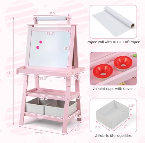Image of GLACER All-in-One Double Sided Painting Easel for Kids with 2 Storage Bins, Paper Roll, Magnetic Whiteboard & Chalkboard, Gift for Boys & Girls (Pink)