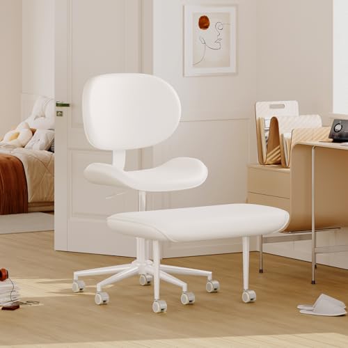 Image of Pinmoco Upgraded Cross Legged Office Chair with Wheels, ADHD Chair for Adults, Wider Height Adjustable Backrest and Seat, Meditation Chair, Ergonomic & Yoga Office Chair, PU Leather, Beige, White