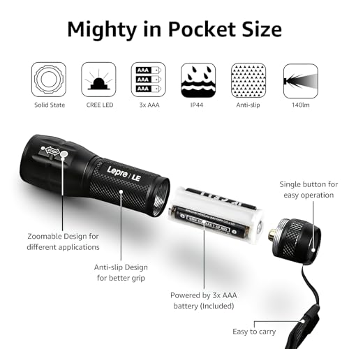 Lepro LED Torch Battery Powered, Small Bright Flashlight, Adjustable Focus, Water Resistant Pocket Torch, Lightweight Hand Torch for Power Cut, Camping, Dog Walking, Gifts for Kid Dad Men