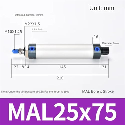 Cilindro neumático MAL de 25mm con doble efecto y carrera de 75mm en aleación 3