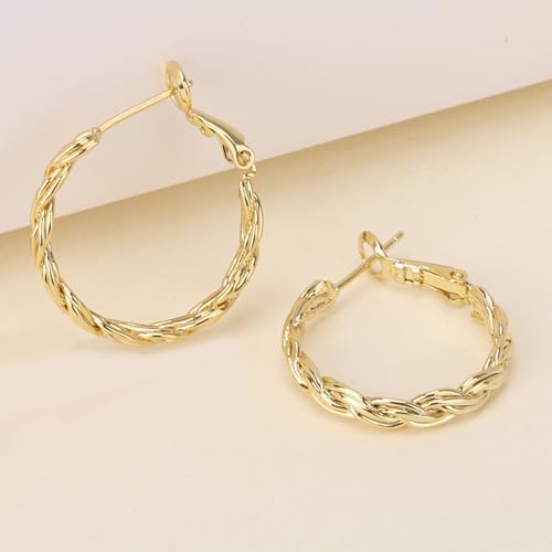 14K Gold Hoop Earrings for Women Cable Twist Design Hypoallergenic Snap Closure Durable 14K Gold Earrings for Women Gift Ready2