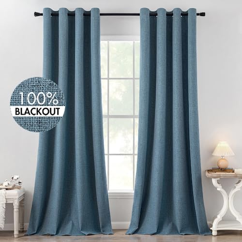 Image of MIULEE Linen Texture Curtains for Bedroom Solid Blackout Thermal Insulated Dusty Blue Curtains Grommet Room Darkening Draperies for Living Room 52x120 Inch (2 Panels)