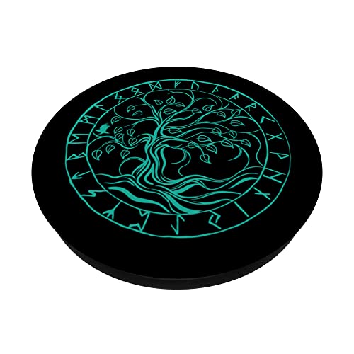 Norse Mythology Yggdrasil, Rune Circle Shield-Maiden Viking PopSockets Swappable PopGrip, Black - Image 2