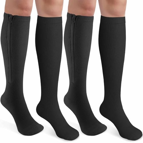 Image of CASMON 2 Pairs Zipper Compression Socks for Women & Men,15-20 mmHg Closed Toe Knee High Support Sock for Varicose Vein Edema