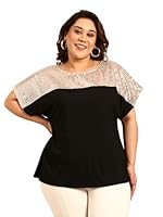 The Pink Moon Women's Regular Fit Plus Size Beige Sequence Fabric Colo Block Top - (TOP_SIM20K_BGSQN_Black_2XL)