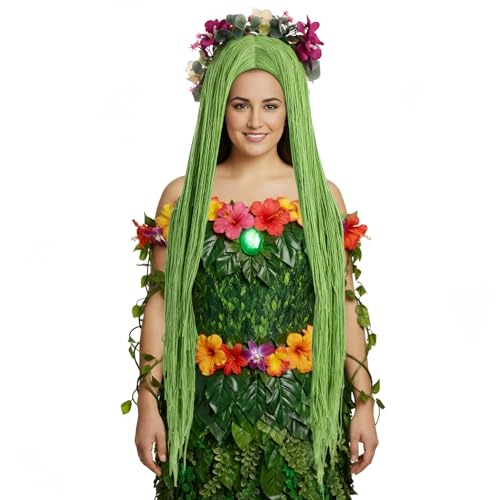 Janinka Green Long Wig for Woman with Flower Crown Mother Nature Costume Straight Witch Wig Garland for Halloween Cosplay Costume Daily Party