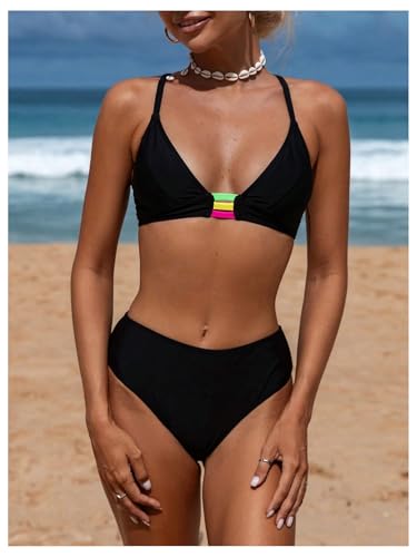 WDIRARA Women's 2 Piece Bikini Set Rainbow Striped Criss Cross Swimsuit Bathing Suit2