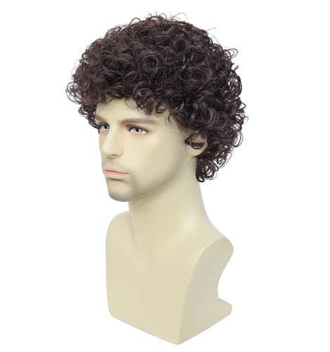 Image of Men's Short Curly Afro Wig - Ideal for 70s & 80s Disco Outfits, Halloween Cosplay Events, and Everyday Styling (Dark Brown)