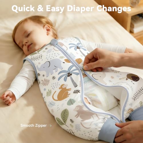Image of Chilsuessy Toddler Sleep Sack with Feet 3-4 T, 1.0 TOG Cotton Baby Wearable Blanket with Legs, Sleep Bag Walker with 2-Way Zipper, Blue & Green Animals