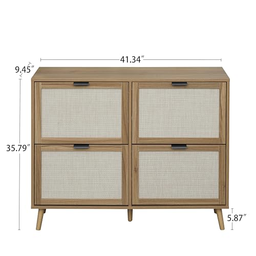 ZeHuoGe-Rattan-Shoe-Cabinet-with-4-Flip-Drawers-Walnut-2-Tier-Shoe-Rack-BOHO-Storage-Cabinet-for-Heels-Boots-Slippers-Free-Standing-Shoe-Rack-Entrance-Hallway