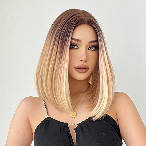 Ishine Medium Length Honey Blonde Bob Wigs, Omber Platinum Blonde Wigs For Women, Natural Looking Middle Part Synthetic Wig, Hair Replacement Highlight Wigs For Daily Cosplay Party Halloween Costume 14 Inch #TOP3