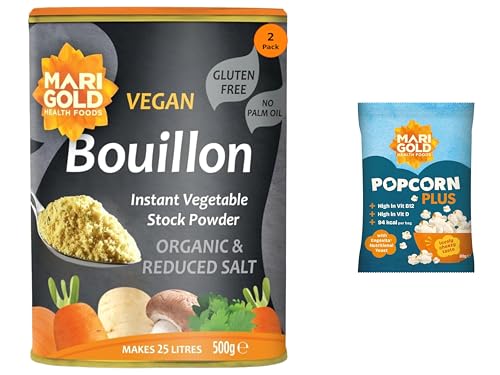 Marigold Organic Reduced Salt Vegetable Bouillon Powder 500g (Pack of 2) + Free Popcorn Instant Vegan Stock Powder 38% Less Salt Natural Ingredients Gluten-Free