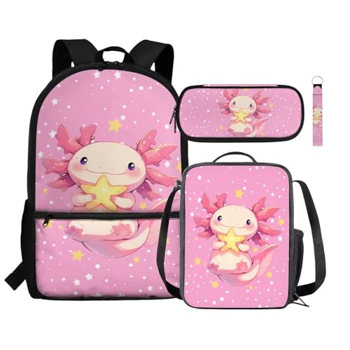 Zaino per bambini borsa termica per il pranzo portapenne astuccio da polso con cordino e portachiavi set 4 in 1 per il rientro a scuola Stella Axolotl Taglia unica Zaini Daypack