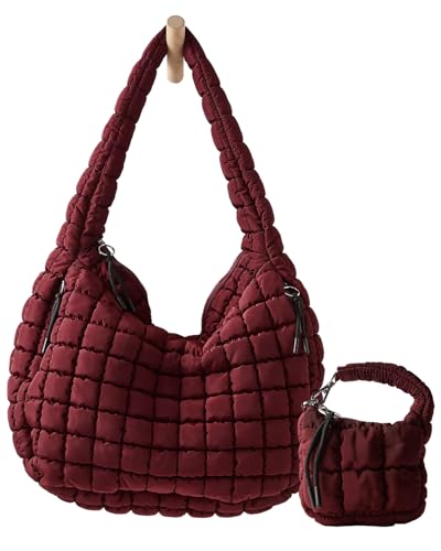 Image of Large Quilted Puffer Tote Bag for Women with Mini Pouch Puffy Crossbody Bags Purse Hobo Puff Shoulder Carryall Gym Travel