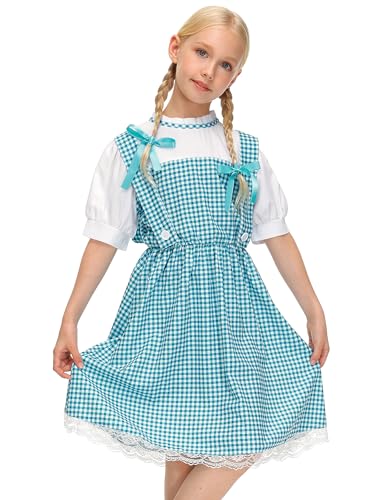 Girls Halloween Costume 4PCS Blue Gingham Puff Sleeves Midi Dress Outfit with Hair Bows Basket 5-14 Years