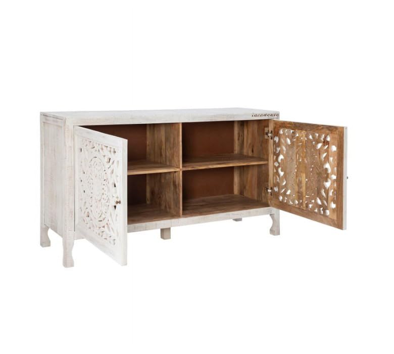 Image of Yepa Wooden Sideboard Cabinet for Living Room | Handcrafted Solid Wood Storage Cabinet with Carved Doors | Crockery Cabinet for Home | Crockery Furniture for Home (White Distress)